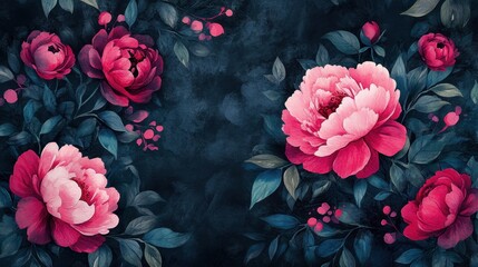 Dark romantic floral wallpaper featuring lush pink and crimson peonies amongst deep teal leaves.  A luxurious, moody design perfect for adding opulence and drama to any space. 