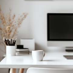 Minimalist workspace with desk and desktop: The image showcases a meticulously organized workspace, ideal for remote work. The desk is pristine, with a computer, coffee cup, stationery.