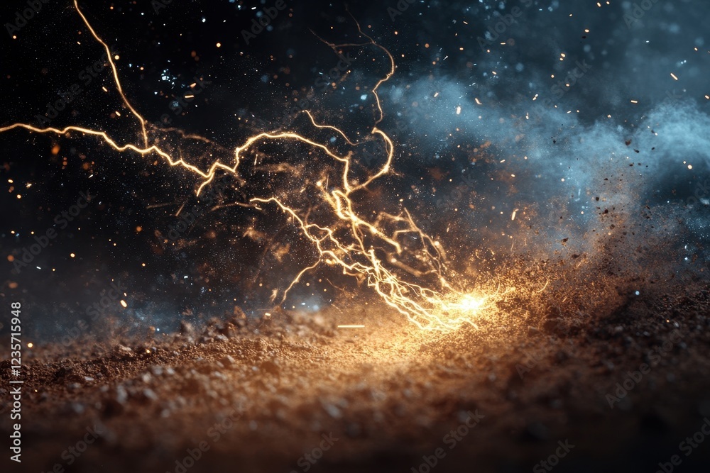Poster creative visual of dirt charges and sparks illuminating the dark environment during an artistic even