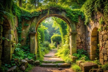Obraz premium Enchanting stone archway, lush garden path, faded portal.