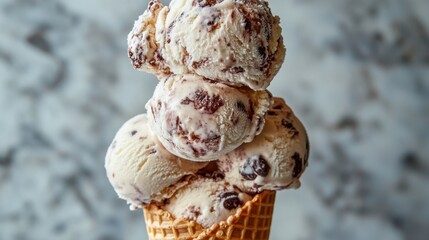 Creamy vanilla ice cream studded with rich chocolate chips, piled high in a crispy waffle cone, ready to satisfy any sweet craving. 