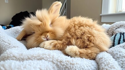 Fluffy Lionhead bunny napping on blanket indoors