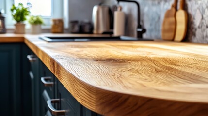 Elegant Wooden Kitchen Countertop with Modern Appliances in Background