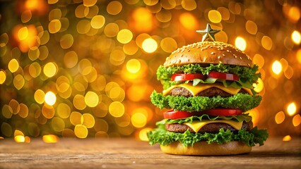 Festive tilt-shift hamburger tree. Golden bokeh, Christmas food.