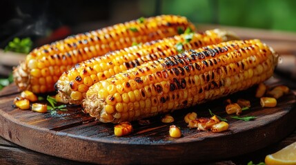 Golden corn cobs, charred to perfection on the grill, sit invitingly on a rustic wooden board, tantalizing with their sweet, smoky aroma and vibrant color.  