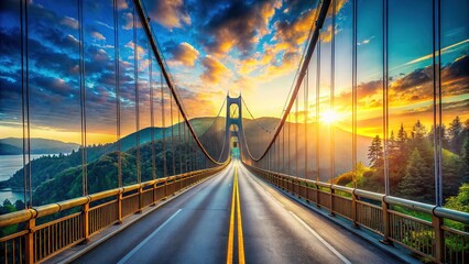 Obraz premium Empty road beneath a stunning blue sky, a soaring sun-kissed bridge.