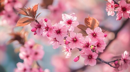 Beautiful Cherry Blossom Branch with Delicate Pink Flowers in Bloom