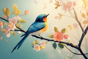 Fototapeta premium Colorful bird sings a sweet melody among blooming flowers in early spring, beautiful bird sings a spring song on a flowering tree