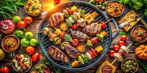 Fototapeta premium Elevated charcoal grill, sizzling meats and veggies.