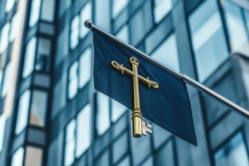 Silver house key over Swedish flag with modern architectural backdrop, silver house key over waving flag of sweden and office building