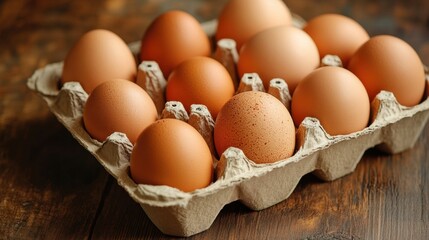 A carton of fresh, brown eggs sits on a rustic wooden table, ready for cooking or baking.  The rich color and texture of the eggs are highlighted.