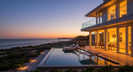 Fototapeta premium Luxury Beachfront House Sunset Poolside View