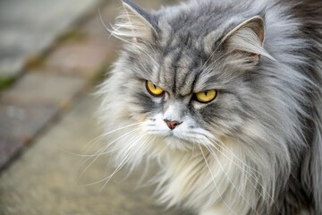 Close-up of an angry, long-haired feline with intense yellow eyes.