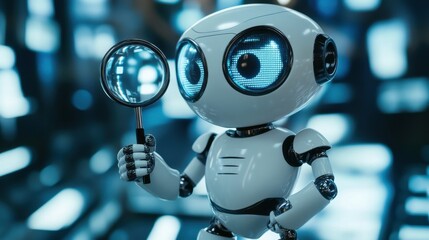 A cute, white, and blue robot holds a magnifying glass with an inquisitive expression, its large, round eyes reflecting a world of possibilities.