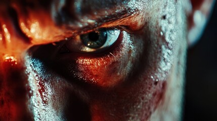 An intense close-up of a man's eye, radiating a fierce, unwavering determination. The surrounding skin, painted in stark contrast with streaks of red and white.