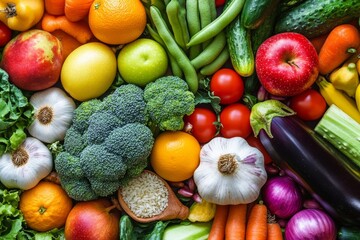 Vibrant assortment of fresh fruits, vegetables, and rice.