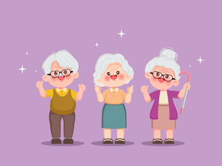 Cute cartoon group of happy elderly people character design. Grandparents day. Elderly or senior character. Vector premium.