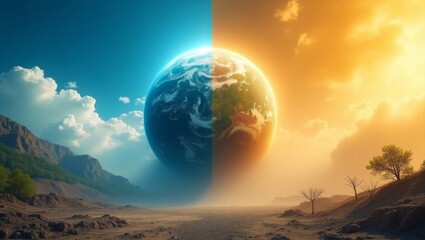 Lush green landscape juxtaposed with a barren wasteland, symbolizing the impact of climate change on our planet