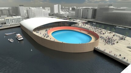 Modern Architectural Development Near Water with Scenic City View