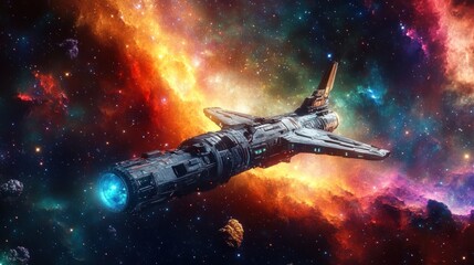 A futuristic spaceship travels through a vibrant cosmic landscape filled with stars and nebulae.
