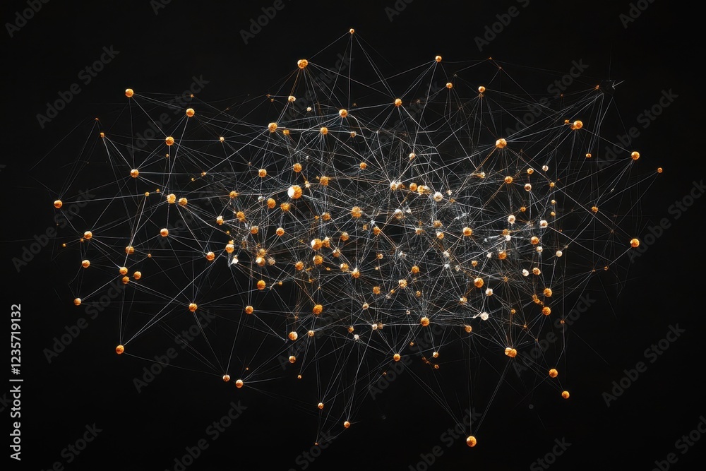 Poster network of connections illuminated against a black background showcasing complexity and interdepende