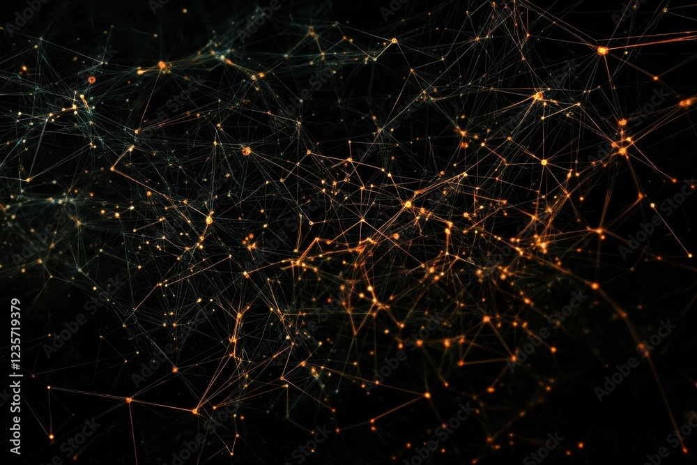 Poster exploring the intricate network of connections in data processing on a black background, network of 
