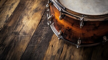 Obraz premium Vintage snare drum on rustic wood floor, music background