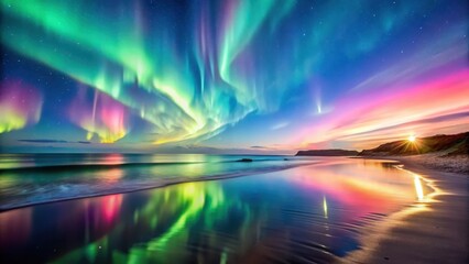 A serene aurora borealis display above a peaceful ocean beach at sunset, with soft pink and green hues illuminating the waves , calm, northern lights