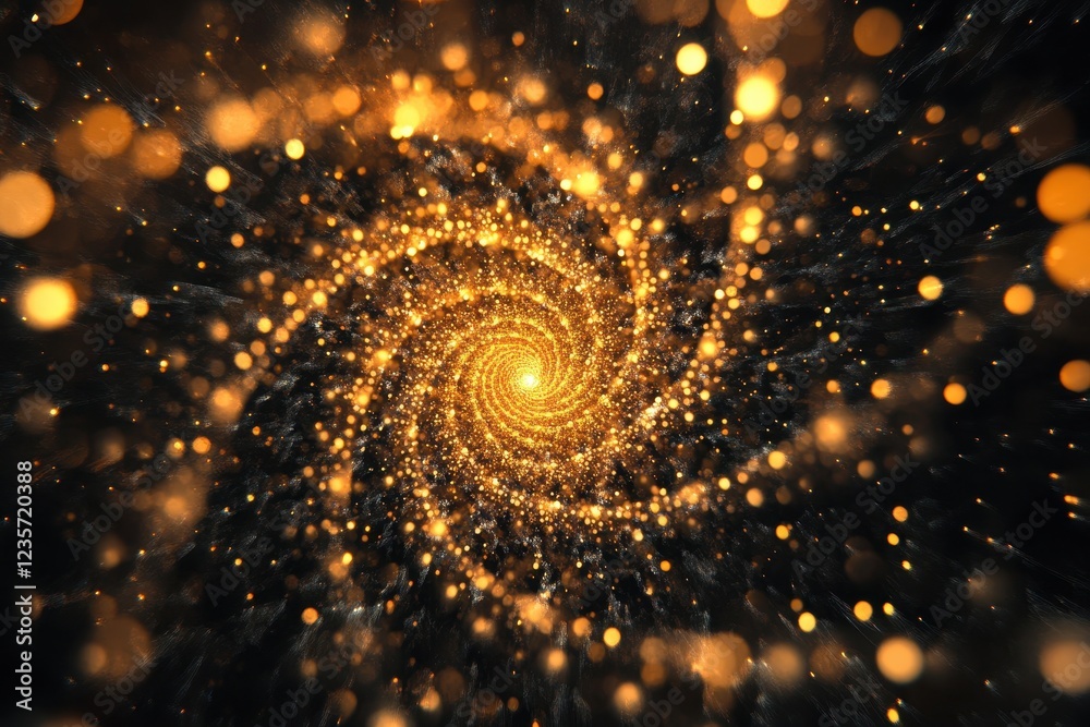 Poster Bright particles create a motion visual representing sound and music in a swirling vortex of energy, Wave of bright particles, sound and music motion visualization