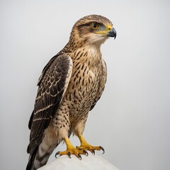A golden-feathered falcon standing proudly, clean white backdrop.