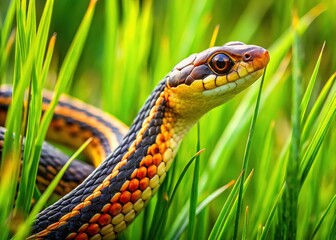 Obraz premium A non-venomous snake, detailed, in verdant grass.