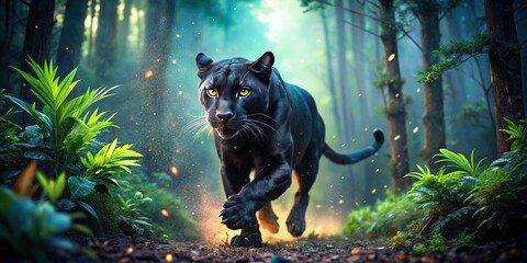 A fantastical, dark double-exposure shows a black panther running, shrouded in gloom.