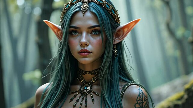 Enchanting forest elf queen gazing majestically amidst sunlit trees