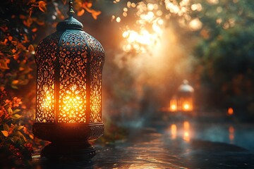 Illuminated Moroccan Lanterns on Wet Surface with Soft Background Light

