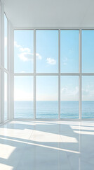 Fototapeta premium Ocean View Room with White Floor and Multi-Pane Windows