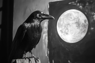 Fototapeta premium Raven perched under the glow of a luminous full moon at night, Raven illuminated by the light of a Full Moon