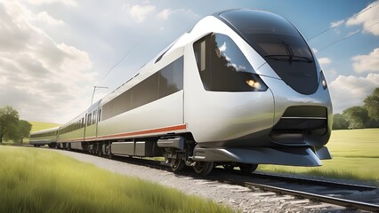 Fototapeta premium An ultra-fast modern train speeds across lovely scenery in a wide-angle shot on a sunny day, its sleek design and strong engine signifying efficiency and progress as it accelerates towards its... See 