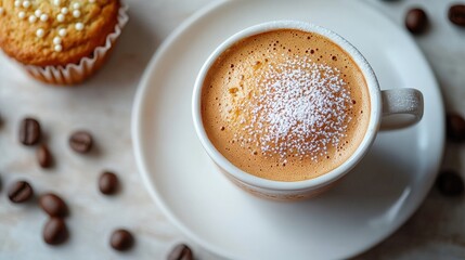Close-up of a frothy coffee cup on a plate, surrounded by coffee beans and a muffin