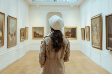 Young Parisian woman in white beret explores art gallery during a tranquil afternoon stroll, Young Parisian woman in a white beret walking in a gallery