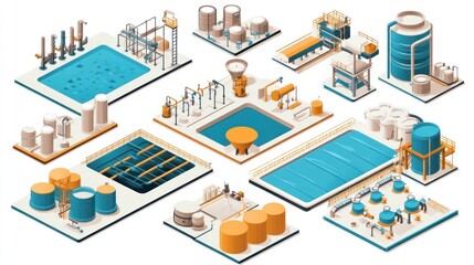 Isometric Wastewater Treatment Plant Schematic