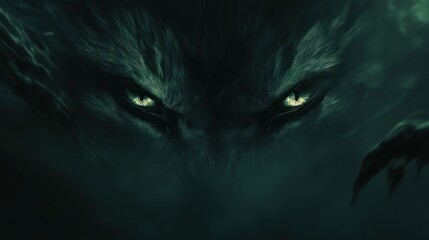 Glowing wolf eyes in dark forest, mystical fantasy art, game design