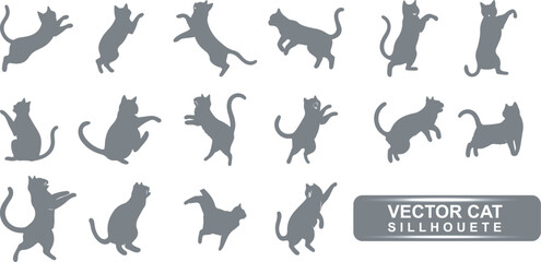 Elegant cat silhouettes in unique styles: some jumping, sitting or dancing. This minimalist design is perfect for social media graphic elements, printed decor, or cat-themed wallpaper.