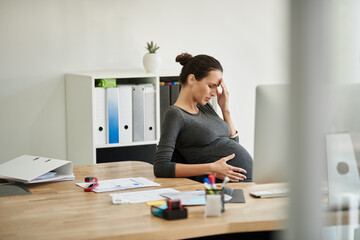 Business, pregnant woman and maternity headache in office with discomfort, burnout and mental...