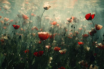 Obraz premium Poppy field swaying gently in slow motion under soft sunlight in the wild, Field of poppies in the wild Slow motion