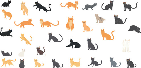 Vector collection of cat silhouettes in various artistic positions, from jumping, sitting, to dancing. This design is ideal for graphic elements, decorative prints or cat-themed wallpaper.