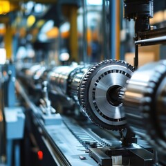 Factory precision machining process, automated assembly line, industrial background