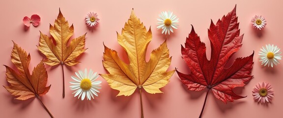 Fototapeta premium Vibrant Autumn Leaves Against Soft Pink Background for Copy Space Inspiration