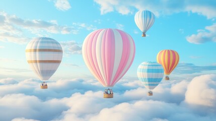 Naklejka premium Colorful hot air balloons soar above clouds at sunrise; travel, adventure concept