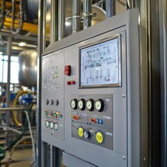 Industrial plant control panel, monitoring system, factory background, process automation