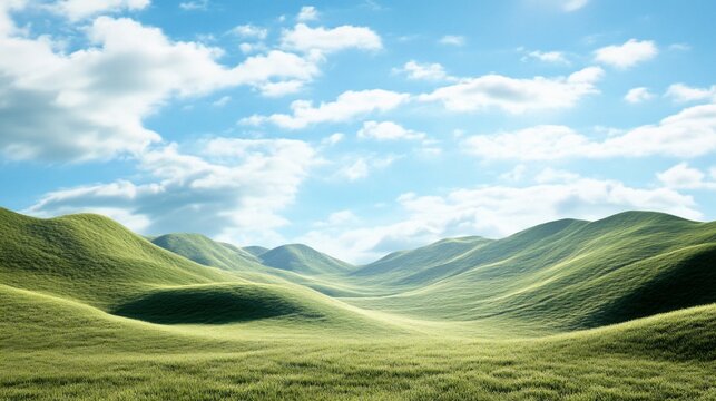 Green hilly landscape with a bright sunny sky and fluffy clouds casting a serene view